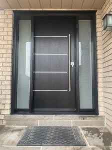 Door with stainless steel accents. Pull bar