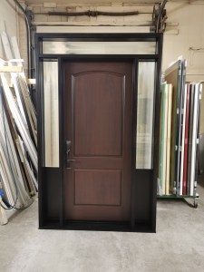 Black frame on brown door